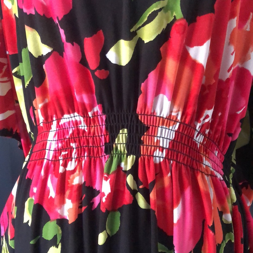 Robbie Bee Black Red Pink Batwing Elastic Waist V-Neck Dress size 1X - Picture 4 of 11